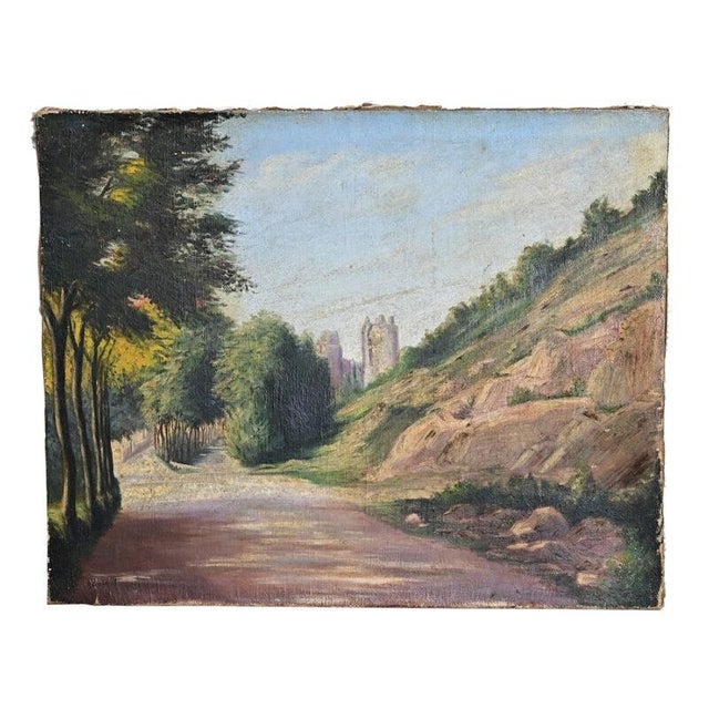 French Vintage Landscape Painting with Cathedral For Sale - Image 9 of 9