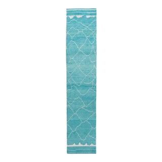 Modern Turquoise Moroccan Style Handmade Wool Runner For Sale