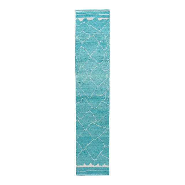 Modern Turquoise Moroccan Style Handmade Wool Runner For Sale