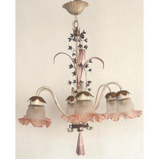 Mid-Century Modern Vintage Italian White and Gold Patinated Metal and Glass Chandelier, 1970s For Sale - Image 3 of 15