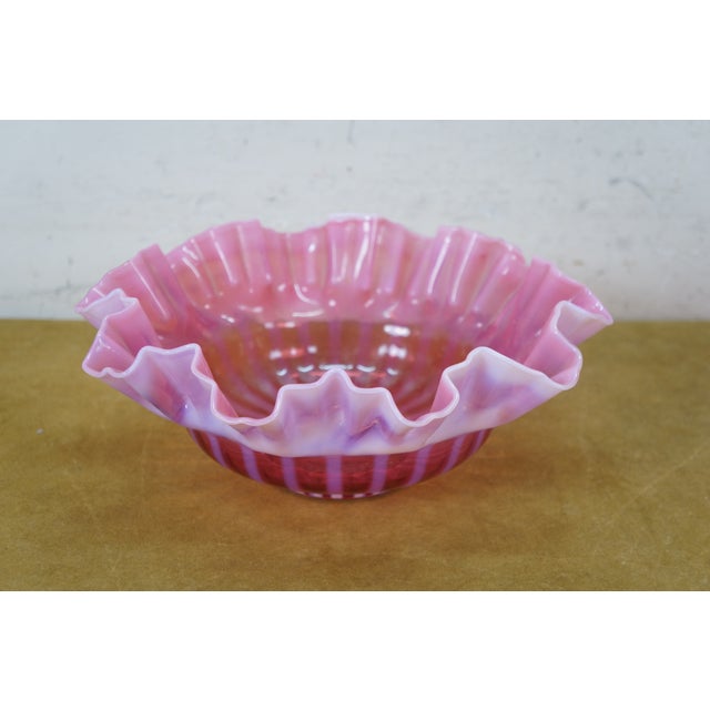 Ruby Red Late 20th Century 3 Fenton Cranberry Glass Opalescent Ruffled Clambroth Vase Basket Bowl Compote For Sale - Image 8 of 16