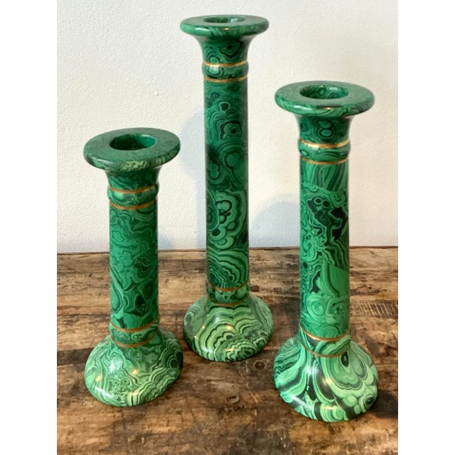 Vintage Italian Oggetti Faux Malachite Candlesticks - Set of 3 For Sale - Image 10 of 12