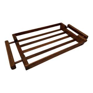 Mid Century Modern Open Slat Solid Oak Wood Double Handled Tray For Sale