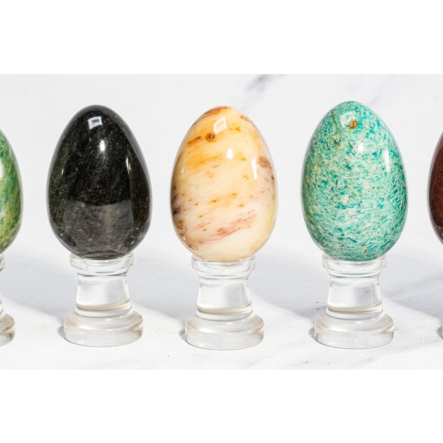 Gemstone Collection Vintage Stone Specimen Egg 9 Polished Gemstone Eggs Display Stands Geological Mineral Display Cabinet of Curiosities Home Decor For Sale - Image 7 of 18