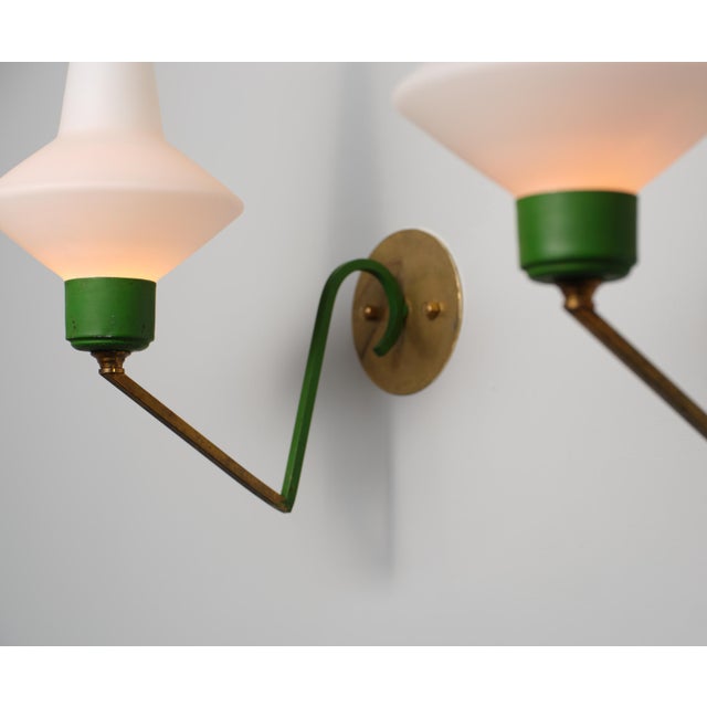 1950s Large Italian Brass and Green‑Lacquered Wall Lamps with Opaline Glass Shades, 1950s, Set of 2 For Sale - Image 5 of 12