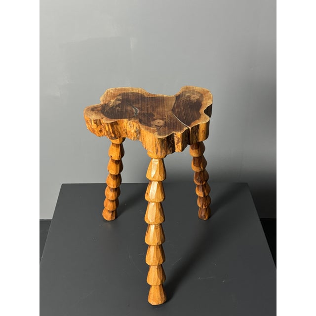 Mid-Century Brutalist French Artisanal Handmade Wood Turned Tripod Stool, 1960s For Sale - Image 12 of 17