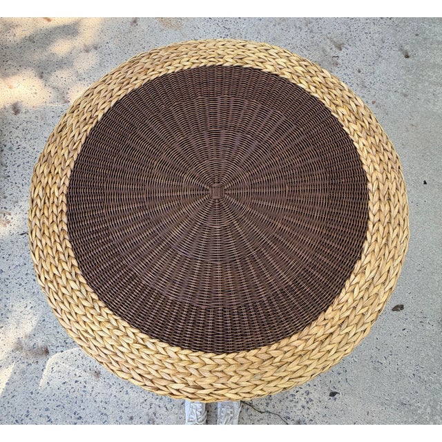 Round Woven Wicker Coffee/Game Table Set With Matching Nesting Stools Ottomans and Glass Top For Sale In Savannah - Image 6 of 12