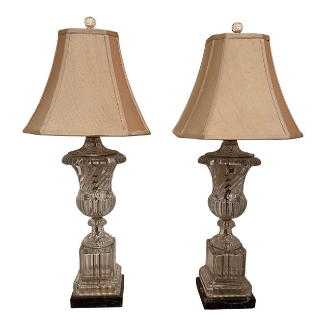 Baccarat Style Swirl Crystal Urn Lamps - A Pair For Sale