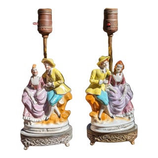 Pair Mid-Century Courting Couple Figural Lamps Colonial Style Couple Made in Occupied Japan For Sale