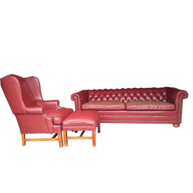 Vintage-Inspired 3-Piece Leather Living Room Set With a Tufted Chesterfield Sofa, a Classic Wingback Armchair & Rectangular Ottoman. For Sale - Image 12 of 12