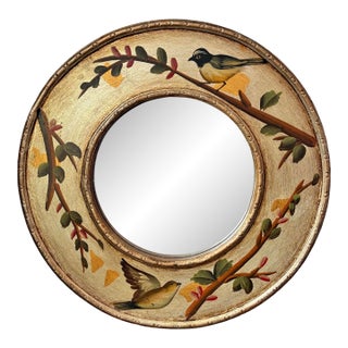 Late 20th Century Round Hand Painted Bird Mirror For Sale