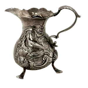 Antique Repousse Decorated King George 2nd London Sterling Silver Cream Pitcher by David Hennell Circa 1747