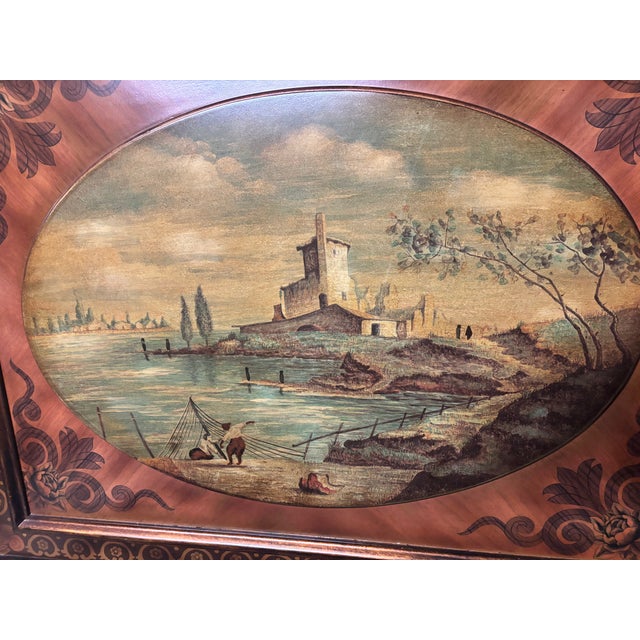 1980s Vintage Italianate Capriccio Landscape Painting in Ornate Oval Inset Frame For Sale - Image 5 of 5