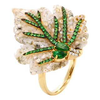 Jasper Leaf, Diamond and Demantoid Garnet 14k Yellow Gold Ring - Fei Liu, Size 6.75 For Sale