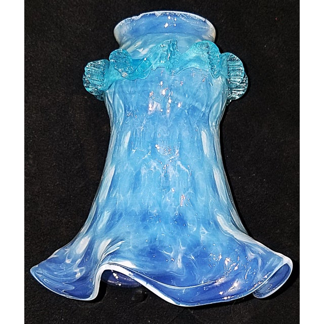 Hand blown murano-style opaline glass lampshade for a 2" fitter, ruffled 'ribbon candy' trim, white edges, stunning lit...