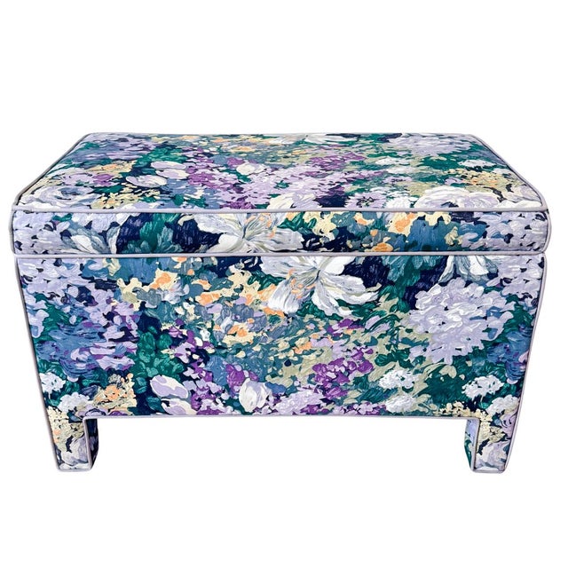 Pair of Vintage Impressionist Floral Upholstered Parsons Style Bench Ottomans For Sale - Image 11 of 13