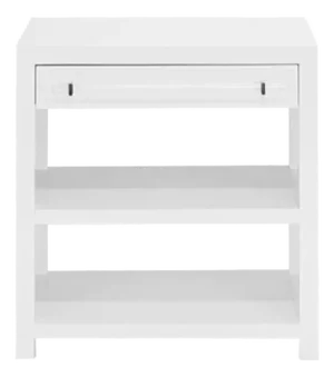 Matthew Izzo Home Garbo White Lacquer One Drawer Side Table With Two Open Shelves and Acrylic/Nickel Drawer Pull