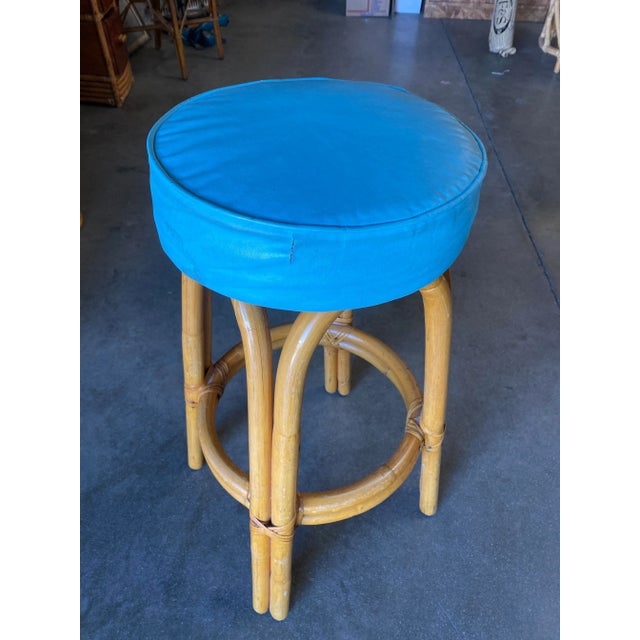 Restored Single Stand Arched Rattan Bar Stool W/ Teal Green Seat, Set of Four For Sale In Los Angeles - Image 6 of 9