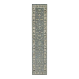 Early 21st Century Gray Floral Design Handwoven Wool Turkish Oushak Runner 2'8" X 12'3" For Sale