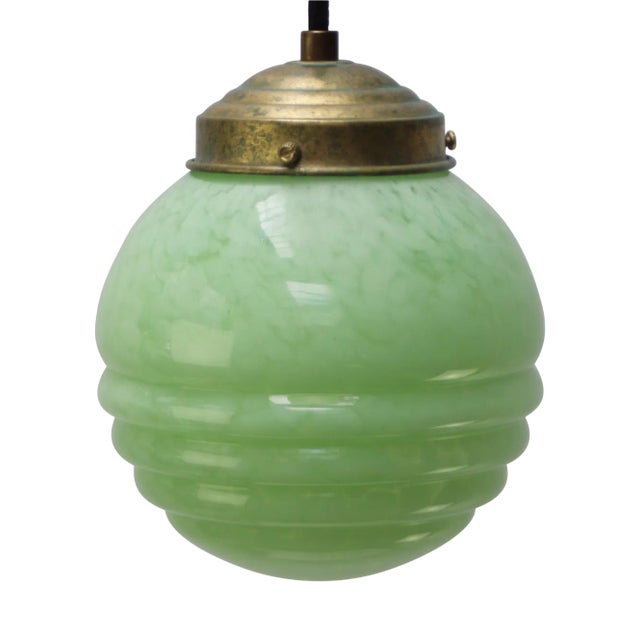 French Clichy Green Reeded Glass Pendant Lamp For Sale