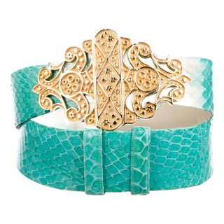 1990s Judith Leiber Belt Snakeskin Turquoise Blue Green Gold Plated Buckle Art Deco Adjustable Vintage For Sale