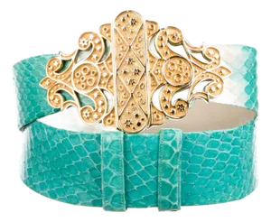 1990s Judith Leiber Belt Snakeskin Turquoise Blue Green Gold Plated Buckle Art Deco Adjustable Vintage