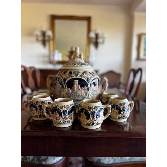 Ceramic 1954 Mid Century Modern German Gerz Castle Relief Stoneware Punch - Set of 7 For Sale - Image 7 of 10