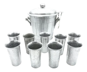 Vintage Mid Century Set of Everlast Hand Forged Aluminum Ice Bucket and Tumbler Serving Set