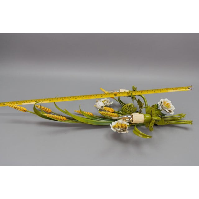 Italian Toleware White Poppy and Wheat Green Floral Bouquet Two-Light Sconce, 1960s For Sale - Image 12 of 18