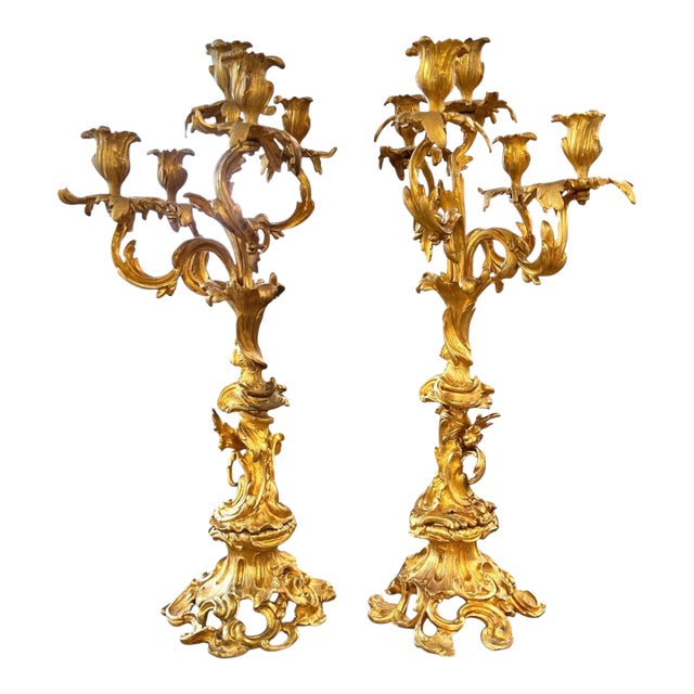 19th Century Pair of Louis XV Style Large Gilded Ormolu 5 Light Candelabras For Sale