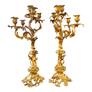 19th Century Pair of Louis XV Style Large Gilded Ormolu 5 Light Candelabras