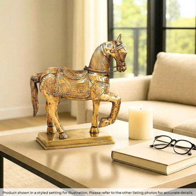 Invite the spirit of a bygone era into your home with this breathtaking Vintage Solid Wood Carved Horse Statue. Standing...