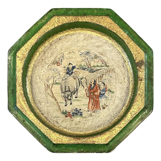 Vintage Italian Chinoiserie Green & Gilt Octagonal Vide Poche / Catchall / Tray / Trinket Dish by Florentia For Sale