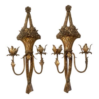 Vintage French Rococo Style Gilt Candle Wall Sconces - A Pair For Sale
