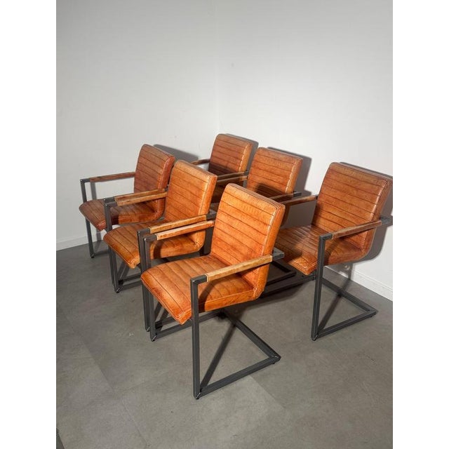 Metal Vintage Cognac Leather Cantilever Armchairs, Set of 6 For Sale - Image 7 of 7