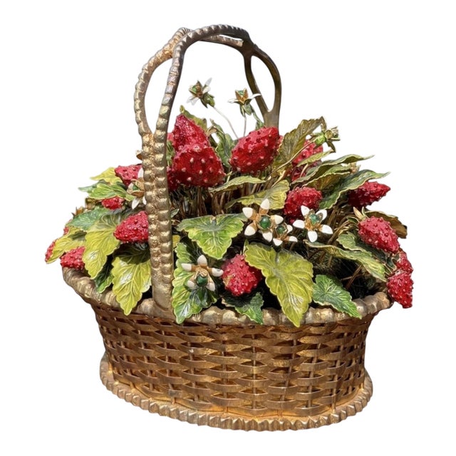 Victorian Style Jane Hutchinson for Gorham Fleurs De Siecles Enamel Strawberry Botanical Basket Figurine For Sale