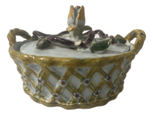 Antique Polychrome Earthenware Butter Dish with Two Handles, 1800s
