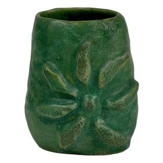 Signed Vintage Small Green Glazed Ceramic Vase With Flower Design Circa 1959 For Sale