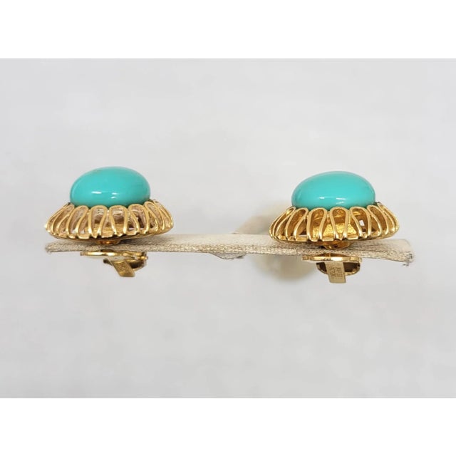 1960s Vintage 1960s Signed Napier Round Goldtone Cabochon Faux-Turquoise Clip Earrings - 2 Pieces For Sale - Image 5 of 8