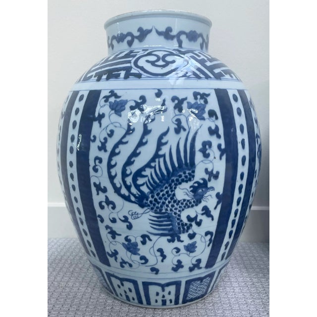 Mid 20th Century Large Blue & White Chinese Dragon & Phoenix Porcelain Floor Vases - Pair For Sale - Image 5 of 12