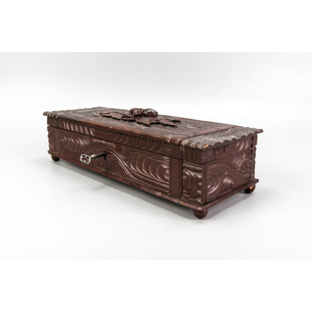 Antique Black Forest dark brown carved wood glove box, ca. 1900 This elegant and beautiful Black Forest style finely hand-...