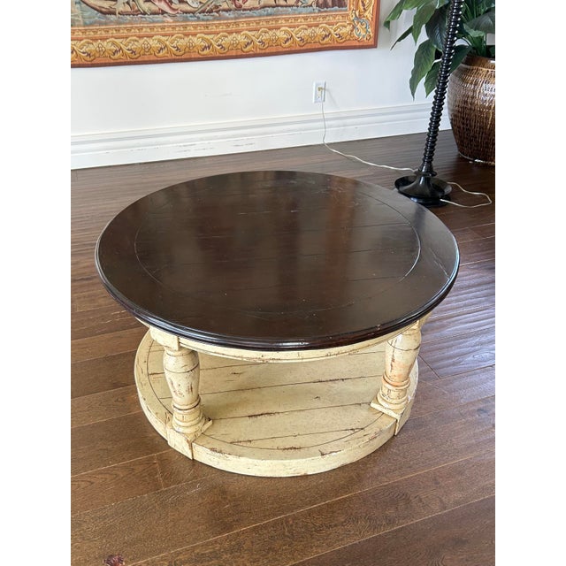 American White and Wire Brushed Tobacco Round Coffee Table For Sale - Image 3 of 5