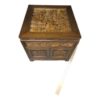 Vintage Mid-Century South East Asian Hand-Carved Teak Side Table - Detailed Scene For Sale