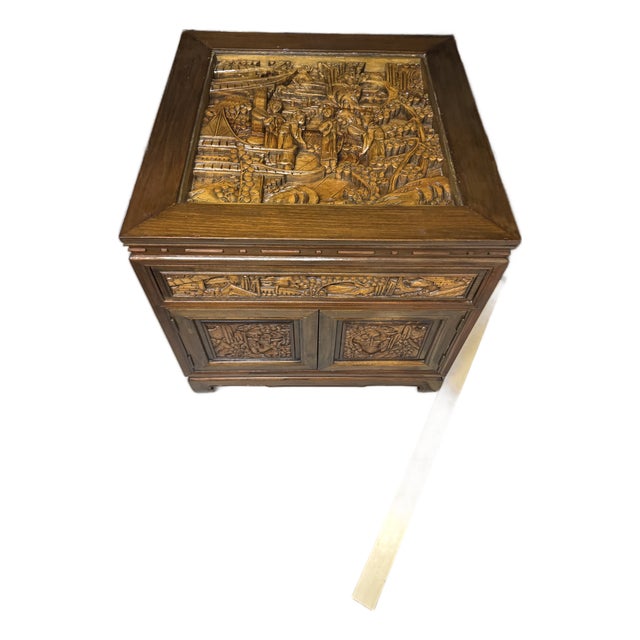 Vintage Mid-Century South East Asian Hand-Carved Teak Side Table - Detailed Scene For Sale