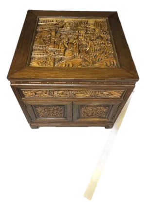 Vintage Mid-Century South East Asian Hand-Carved Teak Side Table - Detailed Scene