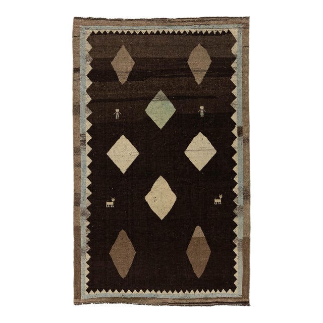 4x7 Hand-Knotted Brown Modern Gabbeh Wool Rug - Folk Art & Figure Design For Sale