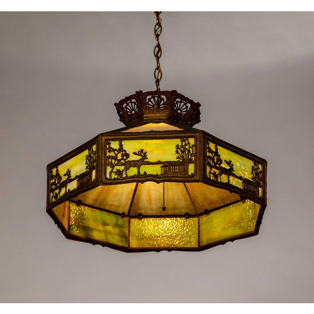 Early 20th Century Early 20th Century Pale Green-Amber Slag Glass Pendant Light With Scenic Trim For Sale - Image 5 of 12