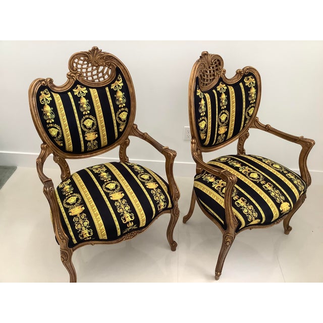 1990s Vintage Medoza Black Gold Versace Velvet Upholstery Chairs - a Pair For Sale - Image 5 of 13