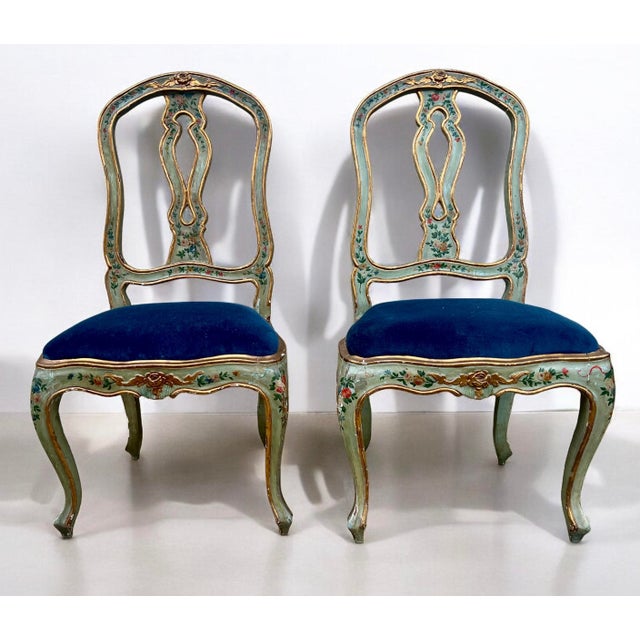 19th-C. Italian / Venetian Celadon Floral Painted Side Chairs in Blue Velvet- Pair For Sale - Image 10 of 10