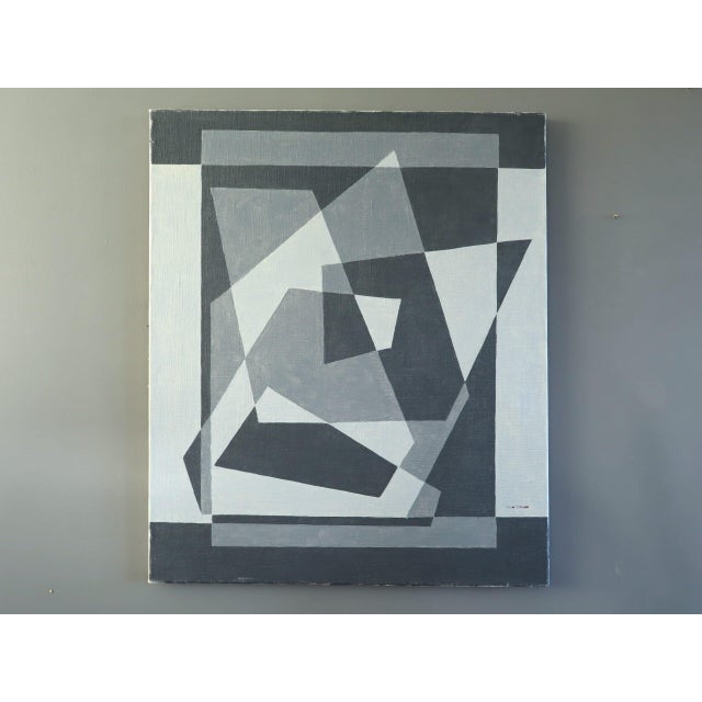 GEOMETRY IN GREY Size: 25 x 20.9 inches (comes unframed) Oil on canvas A mesmerising mid-century geometric abstract...